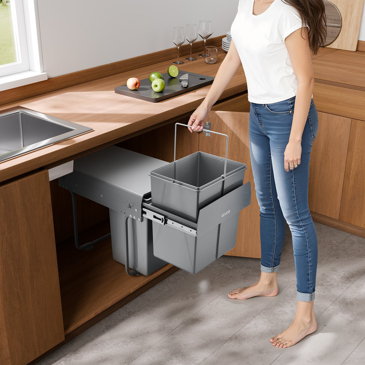 Pullout Trash Can for Kitchen Cabinets, 20+10+10L Double Under Sink Garbage Waste Recycling Bin, Under Mount Waste Container, with Heavy Duty Metal Full Extension Sliding System and Handle