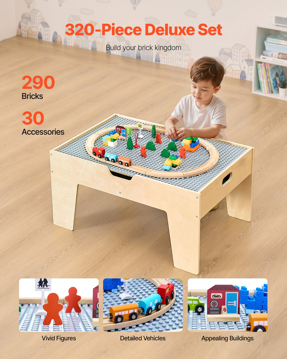 VEVOR Multi-Purpose Activity Play Table 290 Building Bricks & 30 PCS Accessories