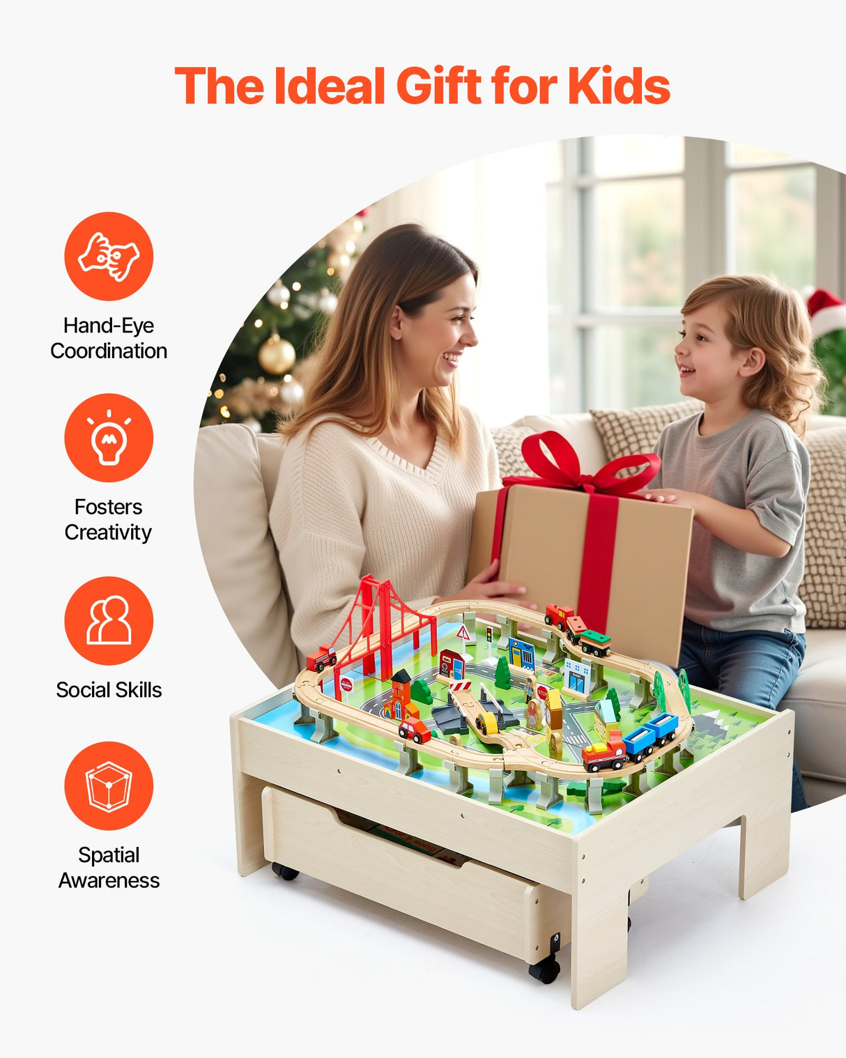 VEVOR Train Table 100 PCS Wooden Kids Activity Table with Rolling Storage Drawer