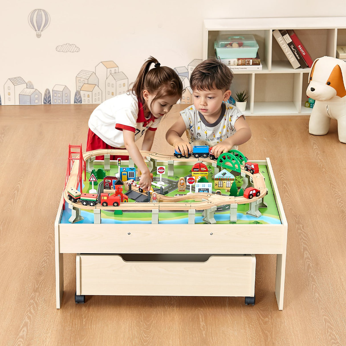 VEVOR Train Table 100 PCS Wooden Kids Activity Table with Rolling Storage Drawer