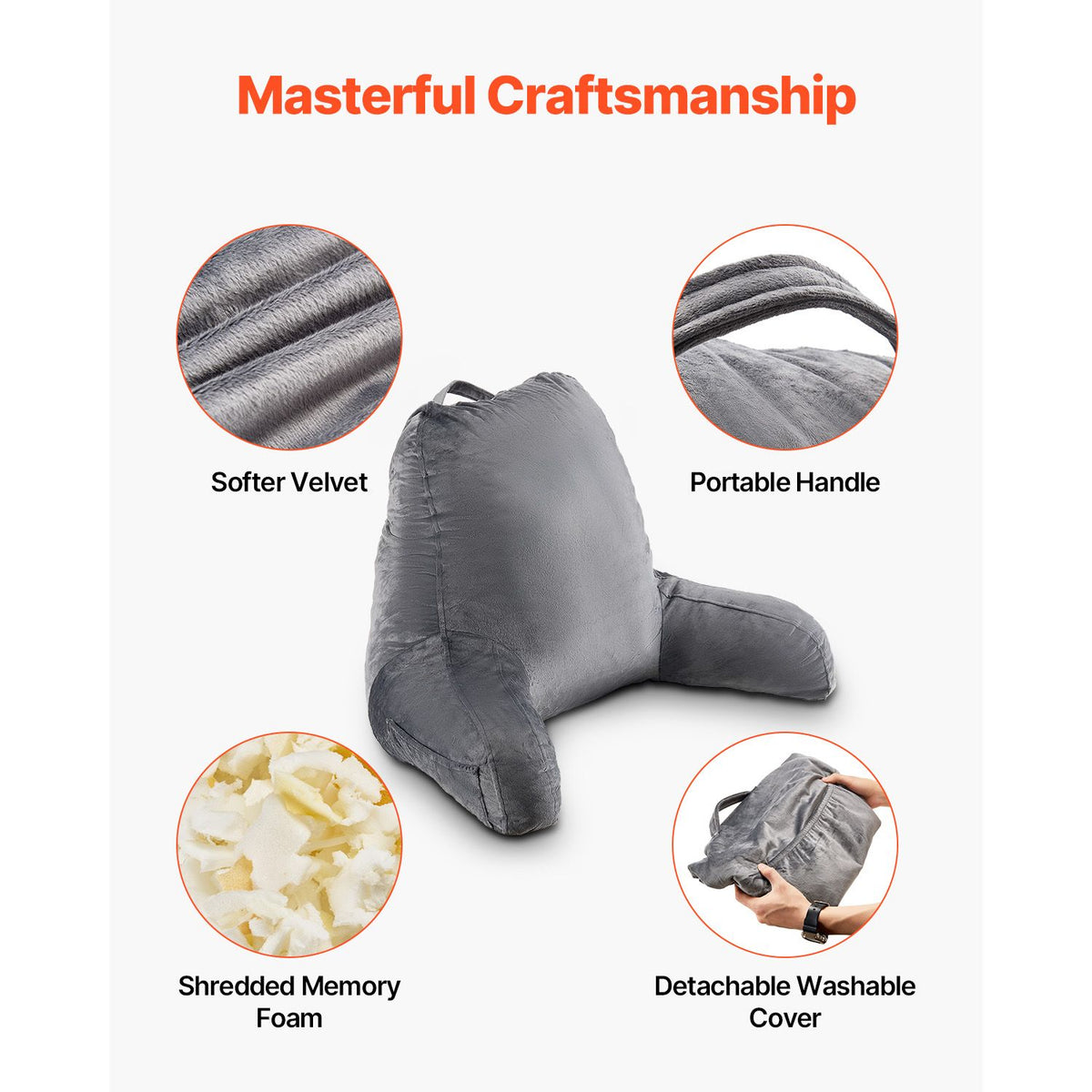 Reading Pillow, Large Size Bed Pillow with Shredded Memory Foam, Back Pillow with 3 Pockets and Washable Short Velvet Cloth, Top with Handle, for Watching TV, Reading, Gaming, Resting, Grey