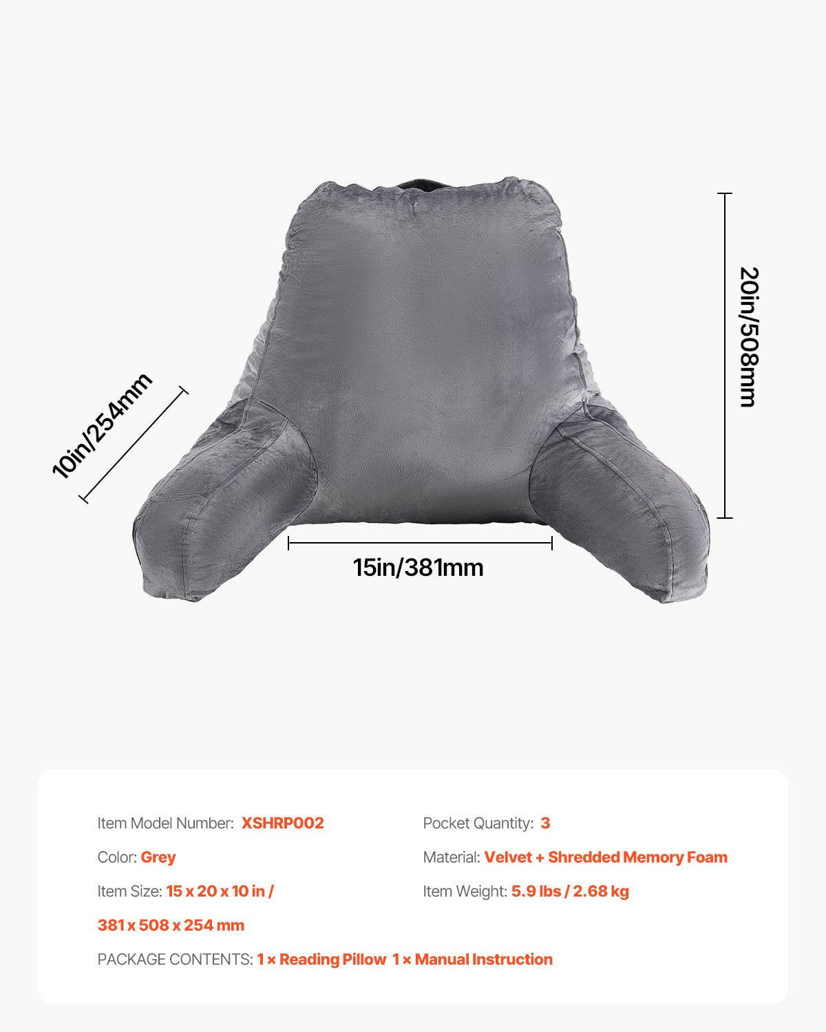 VEVOR Reading Pillow, Large Size Bed Pillow with Shredded Memory Foam, Back Pillow with 3 Pockets and Washable Short Velvet Cloth, Top with Handle, for Watching TV, Reading, Gaming, Resting, Grey