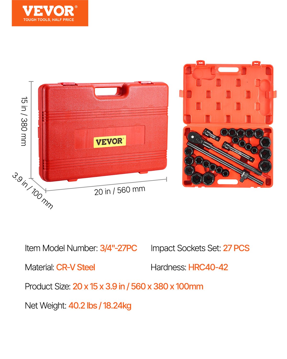 Impact Socket Set 3/4 Inches 27 Piece SAE 7/8 to 2 Inches and Metric 22 to 50 mm