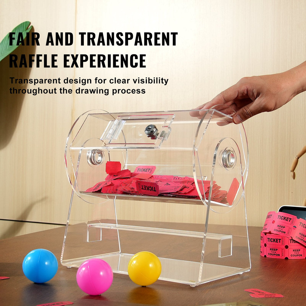 VEVOR Acrylic Raffle Drum, Holds 2500 Tickets or 100 Raffle Balls, Professional Raffle Ticket Spinning Cage with 2 Keys, Transparent Lottery Spinning Drawing, Raffle Ticket Box for Lottery Games Bingo
