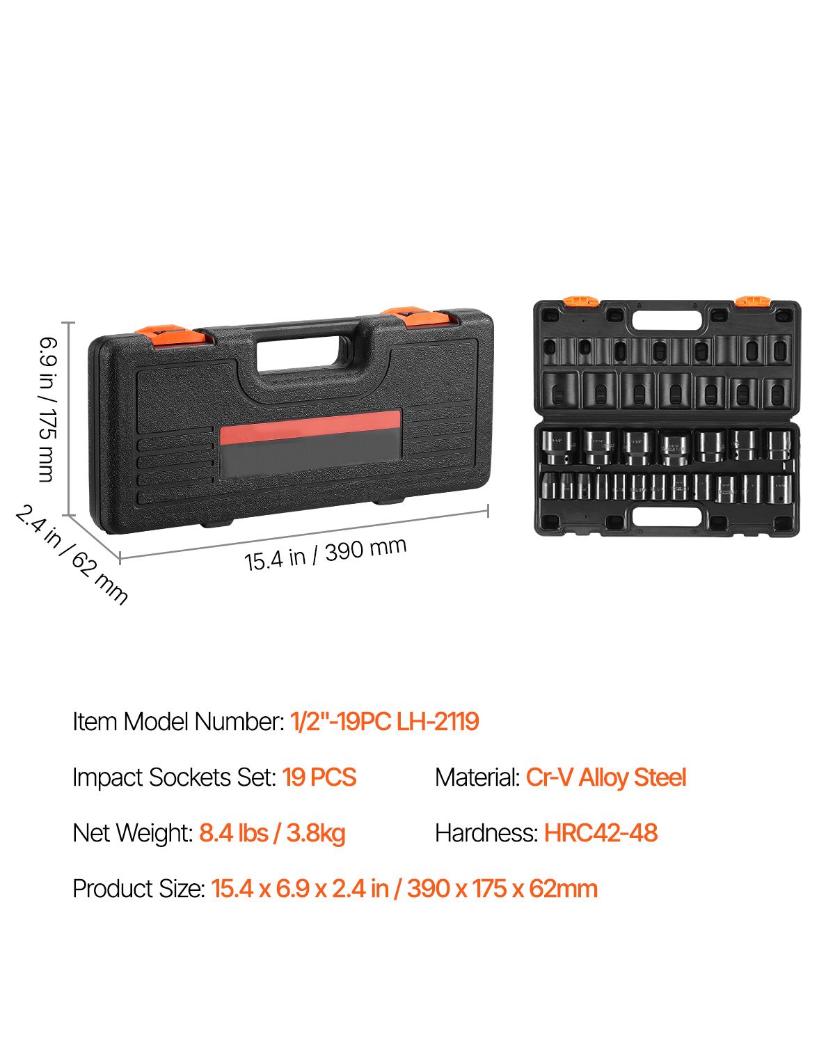 Impact Socket Set 1/2 Inches 19 Piece Impact Sockets, Standard Socket Assortment, 1/2 Inches Drive Socket Set Impact Standard SAE (3/8 Inches to 1-1/2 Inches) 6-point Hex Sockets