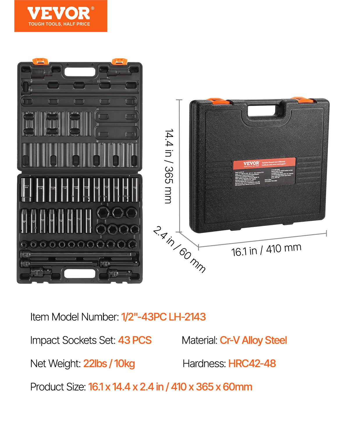 VEVOR Impact Socket Set 43 Piece Impact Sockets, Standard Socket Assortment, Drive Socket Set 6-Point Sockets Metric 9-30mm (Standard/Deep)