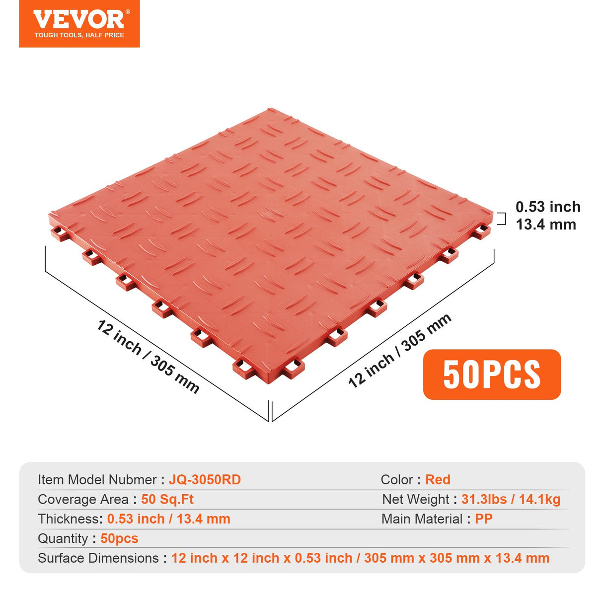 VEVOR Garage Tiles Interlocking 12x12 in 50 Pack Garage Flooring Tiles Red