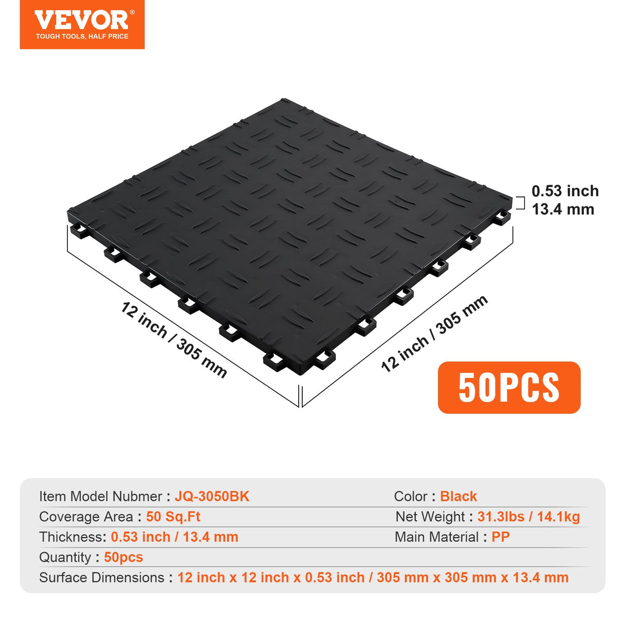 VEVOR Garage Tiles Interlocking, 12 x 12 x 0.53 inch 50 Pack Garage Floor Covering Tiles, Non-Slip Double-Sided Texture Garage Flooring Tiles, for Garages, Basements, Repair Shops, Black