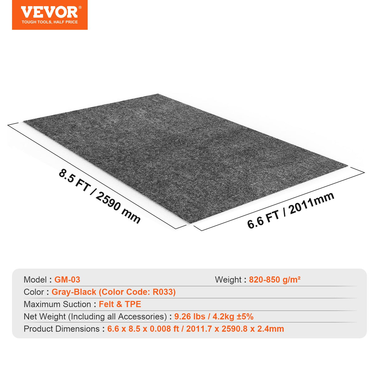 VEVOR Waterproof Garage Floor Mat for Under Car, Non-slip 2 x 2.6 M Compact Size Heavy Duty Containment Mat, Protects Garage Floor from Water, Mud and