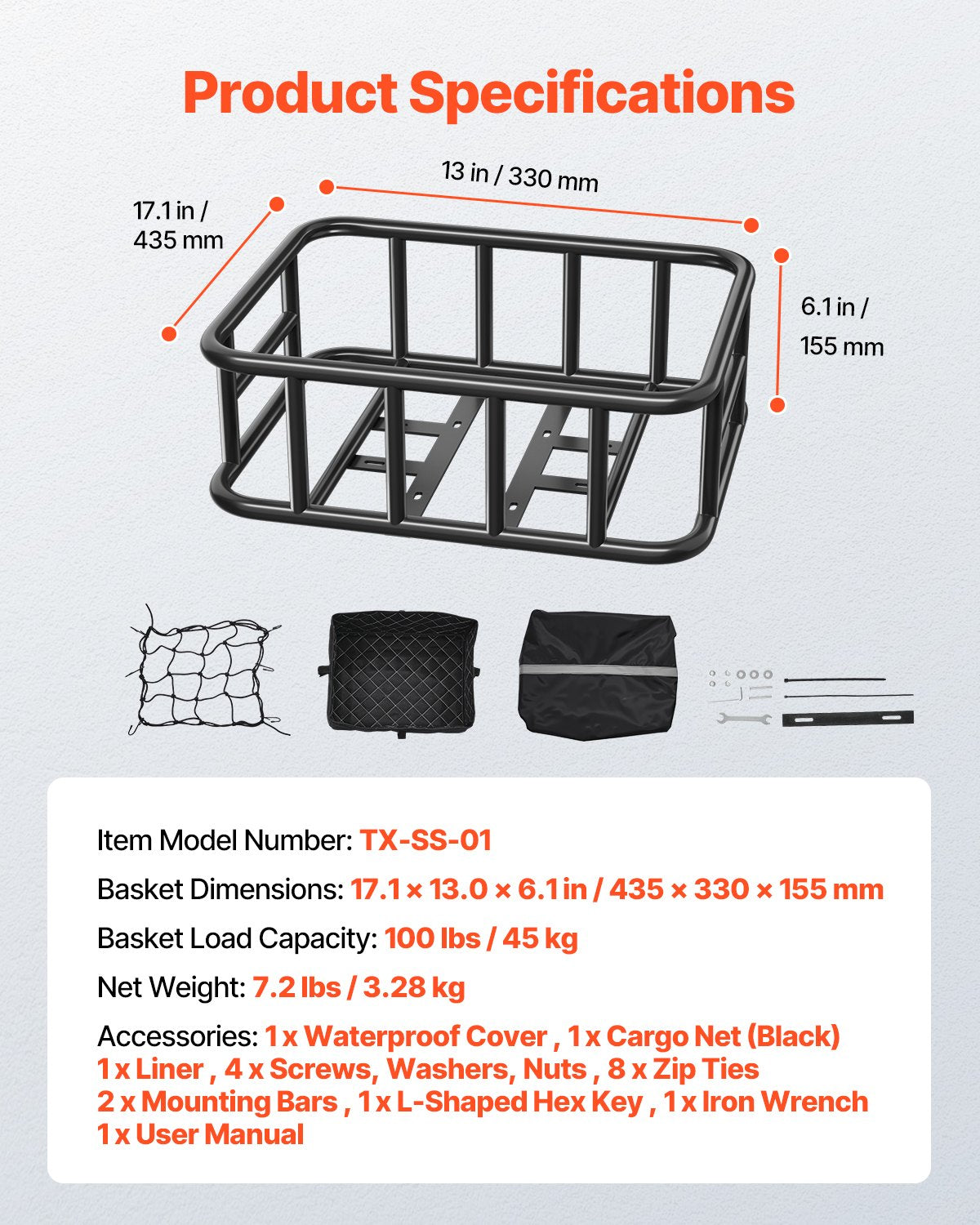 Rear Bike Basket Large Bicycle Basket with Cargo Net Rainproof Cover Liner