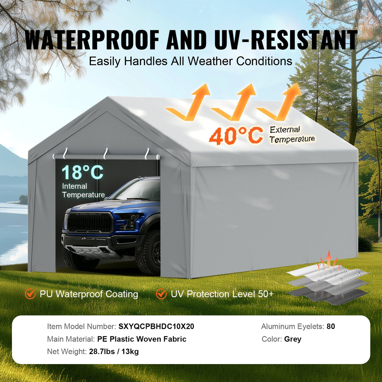 VEVOR Carport Replacement Canopy Cover Top + Side Wall 10 x 20 ft, Garage Tent Shelter Tarp Heavy-Duty Waterproof & UV Protected, Easy Installation