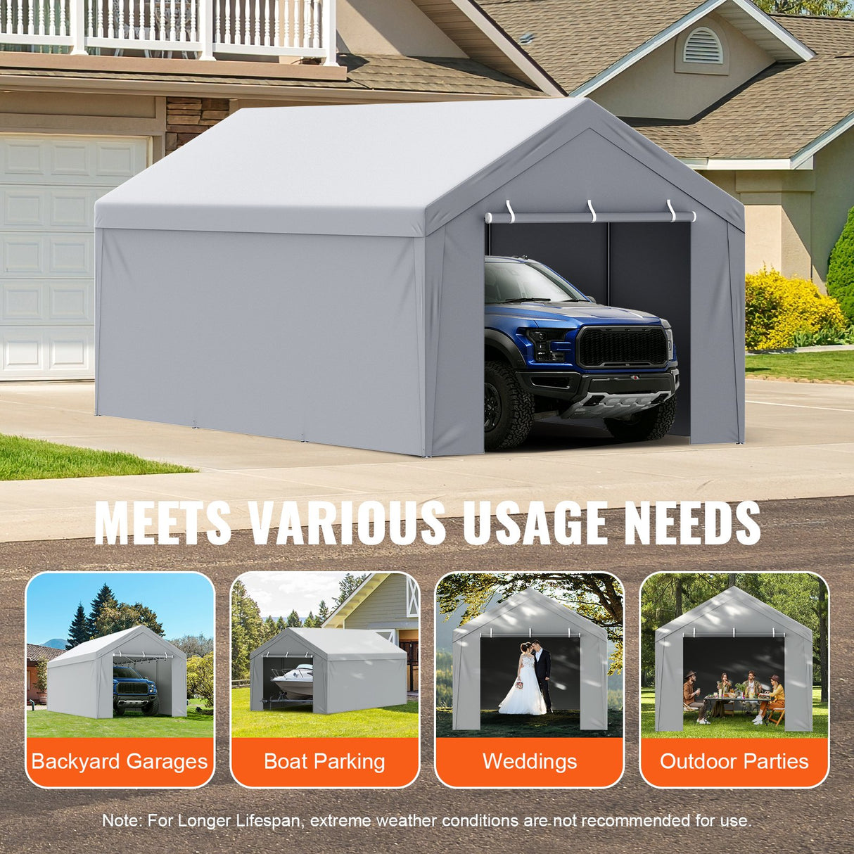 VEVOR Carport Replacement Canopy Cover Top + Side Wall 10 x 20 ft, Garage Tent Shelter Tarp Heavy-Duty Waterproof & UV Protected, Easy Installation