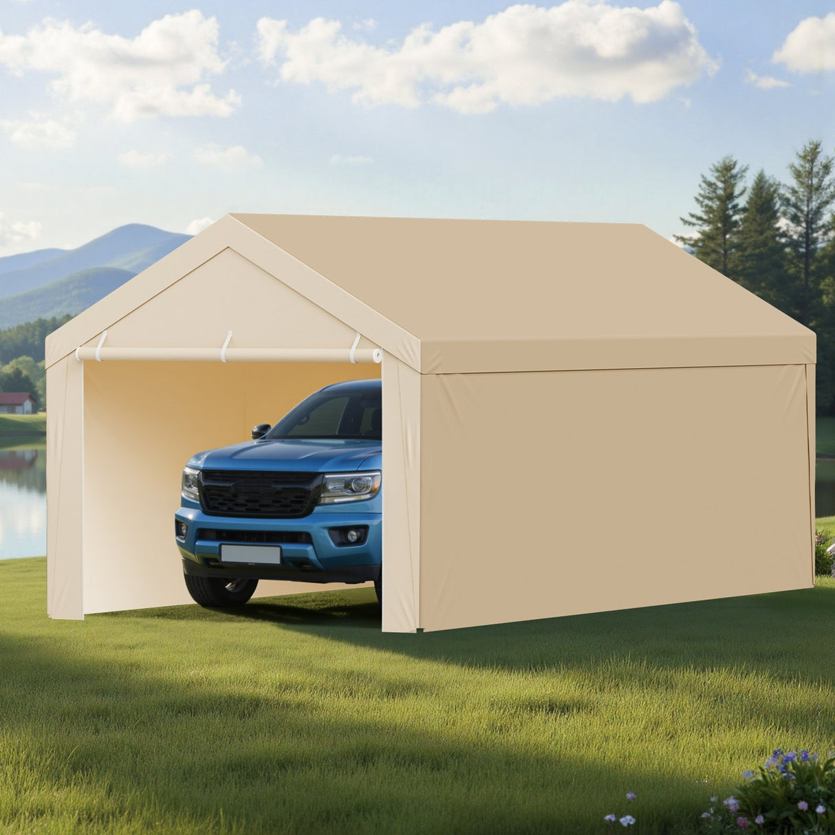 VEVOR Carport Replacement Canopy, 6 x 3 m Potable Garage Tent Top Tarp with Sidewalls, UV-Resistant & Waterproof, Heavy Duty Car Shelter Tarp with Ball Buggees, Beige, Frame Not Included