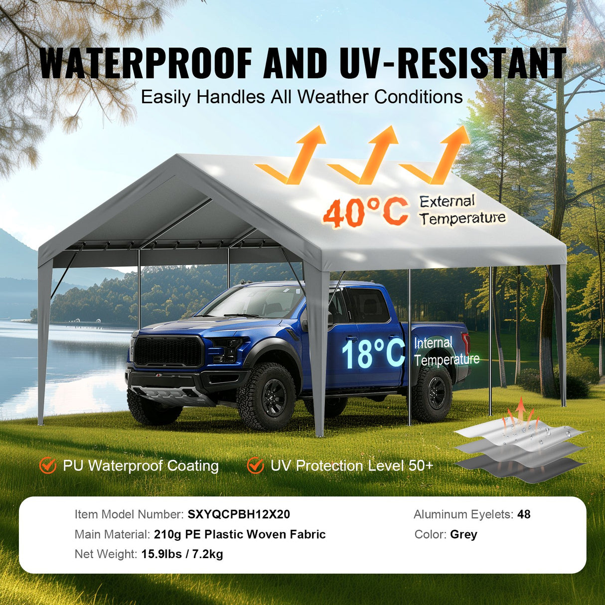 VEVOR Carport Replacement Canopy Cover 12 x 20 ft, Garage Top Tent Shelter Tarp Heavy-Duty Waterproof & UV Protected, Easy Installation with Ball