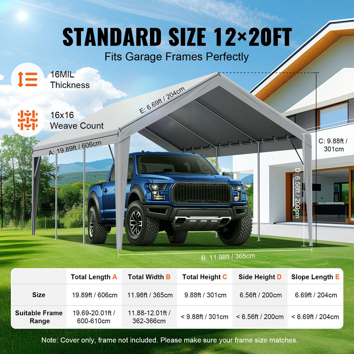 VEVOR Carport Replacement Canopy Cover 12 x 20 ft, Garage Top Tent Shelter Tarp Heavy-Duty Waterproof & UV Protected, Easy Installation with Ball