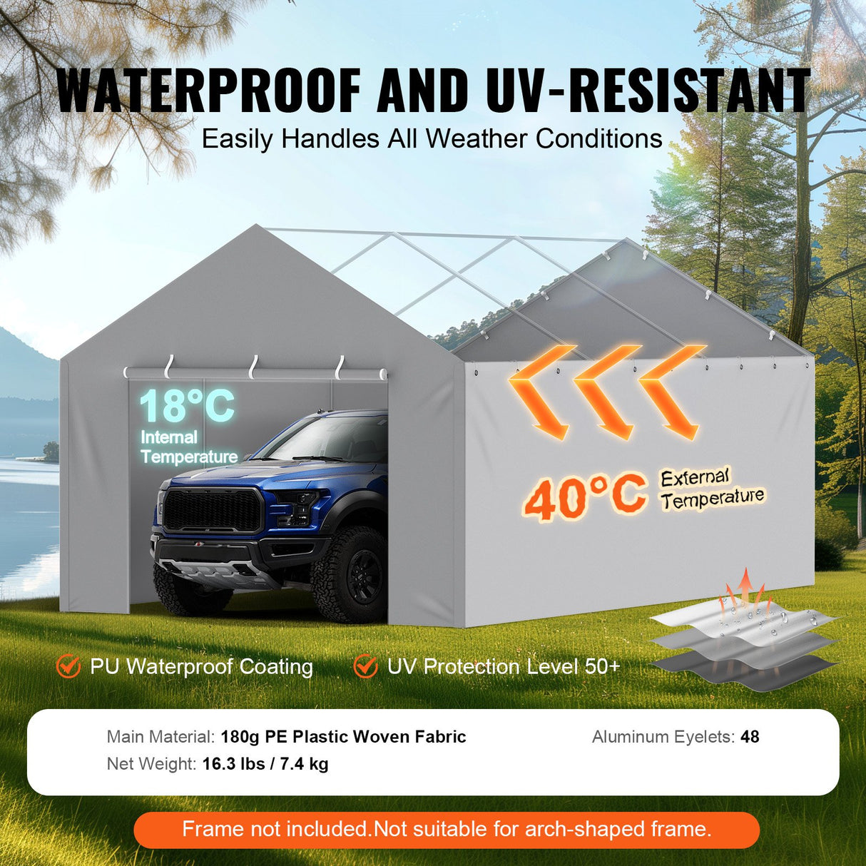 VEVOR Carport Replacement Canopy Cover Side Wall 6 x 3.6 m, Garage Tent Shelter Tarp Heavy-Duty Waterproof & UV Protected, Easy Installation with Ball Bungees,Grey (Top and Frame Not Included)