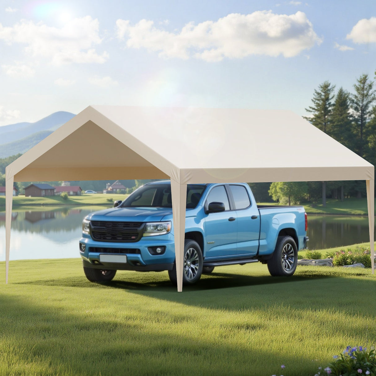Carport Replacement Canopy, 6 x 3.6 m Potable Garage Tent Top Tarp, UV-Resistant & Waterproof Car Shelter Tarp, Heavy Duty Car Port Cover with Ball Buggees, Beige, Frame Not Included