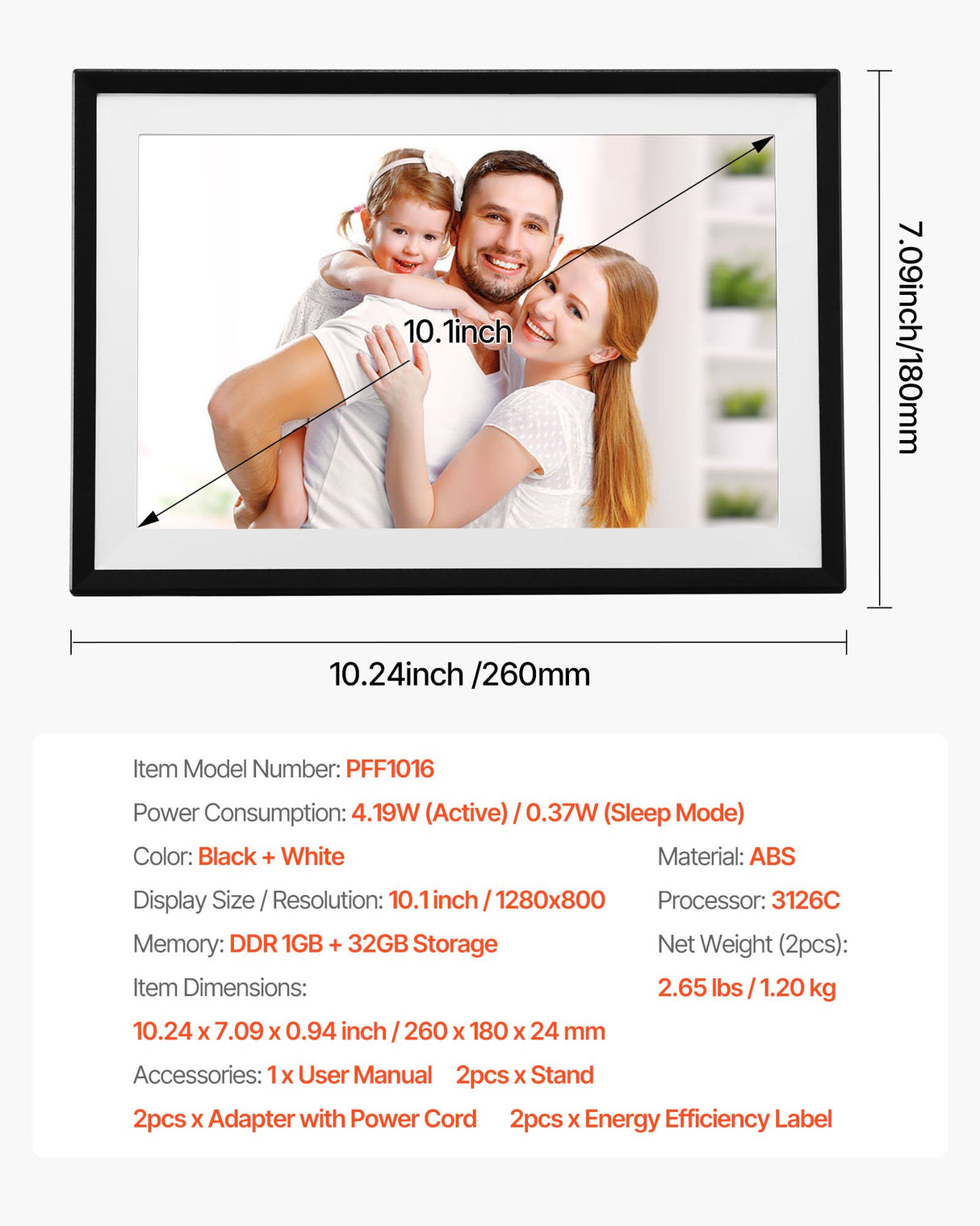 VEVOR 260 mm Digital Picture Frame 32GB Touchscreen 2-Pack Wi-Fi Photo Frames