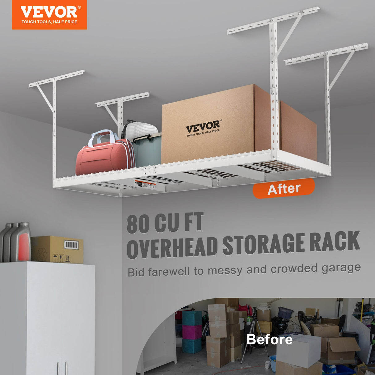 VEVOR Overhead Garage Storage Rack, 91.44x243.84cm Garage Ceiling Storage Racks, Heavy Duty Adjustable Cold Rolled Steel Racks for Garage Storage,