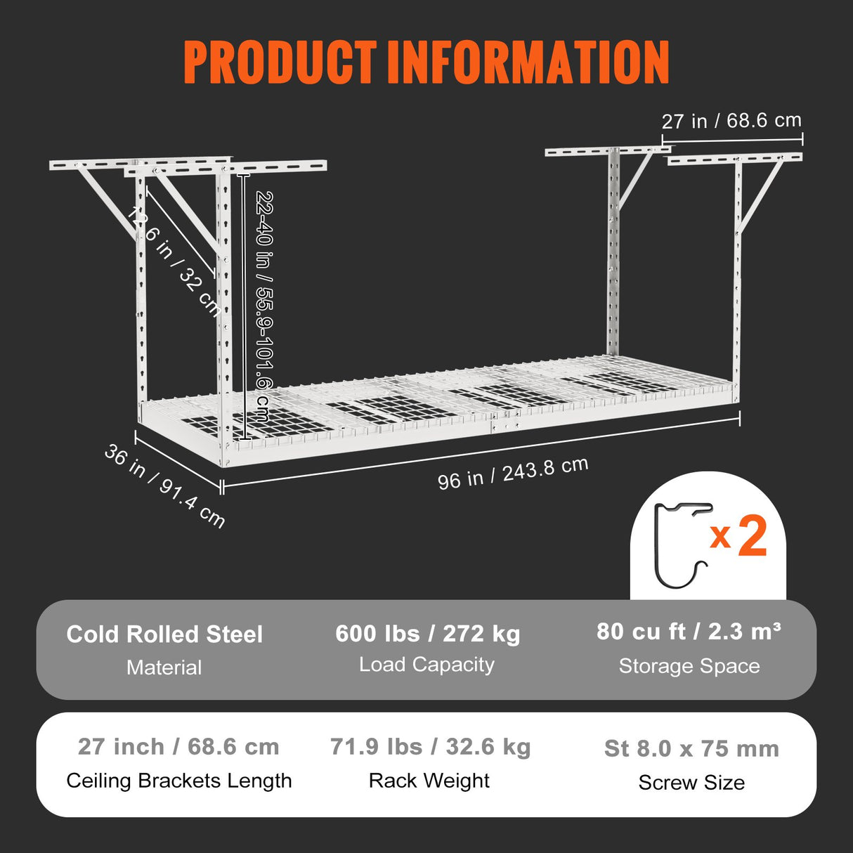 VEVOR Overhead Garage Storage Rack, 91.44x243.84cm Garage Ceiling Storage Racks, Heavy Duty Adjustable Cold Rolled Steel Racks for Garage Storage,