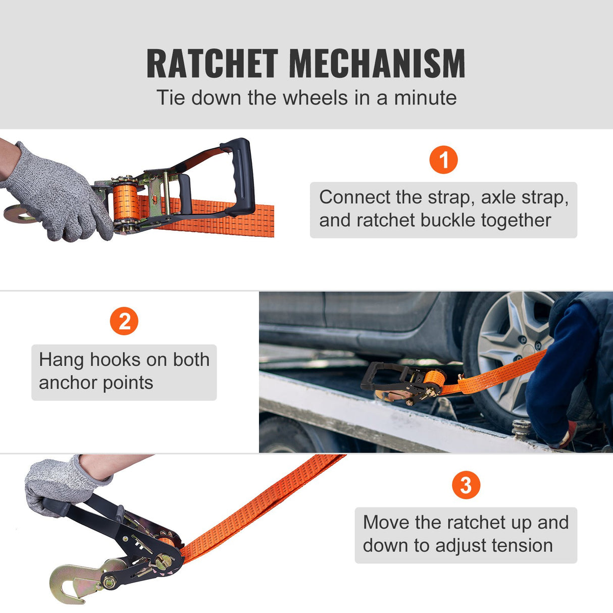 VEVOR Ratchet Tie Down Straps Kit, 5.08" x 304.8" Tire Straps, 2500kgs Working Load, 11023 LBS Breaking Strength, Car Tie Down Straps with Snap Hooks
