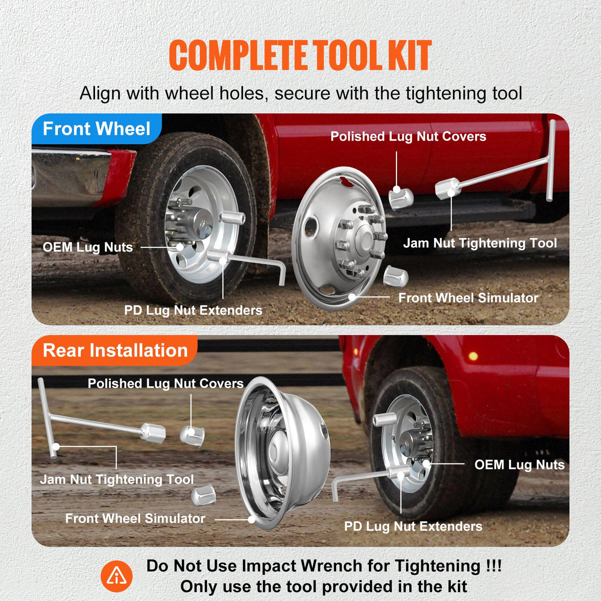 VEVOR 50cm 8 Lug Wheel Simulators, 304 Stainless Steel Wheel Simulator Kit with Mirror Polished Finish, 2 Front and 2 Rear Wheel Covers Fit for For