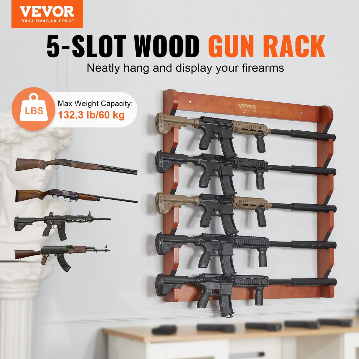 VEVOR Gun Rack, Wood Gun Rack Wall Mount, Gun Display Rack holds 5 Rifles, Shotguns, 132 lb Heavy Duty Wall Storage Display Rifle Rack with Soft