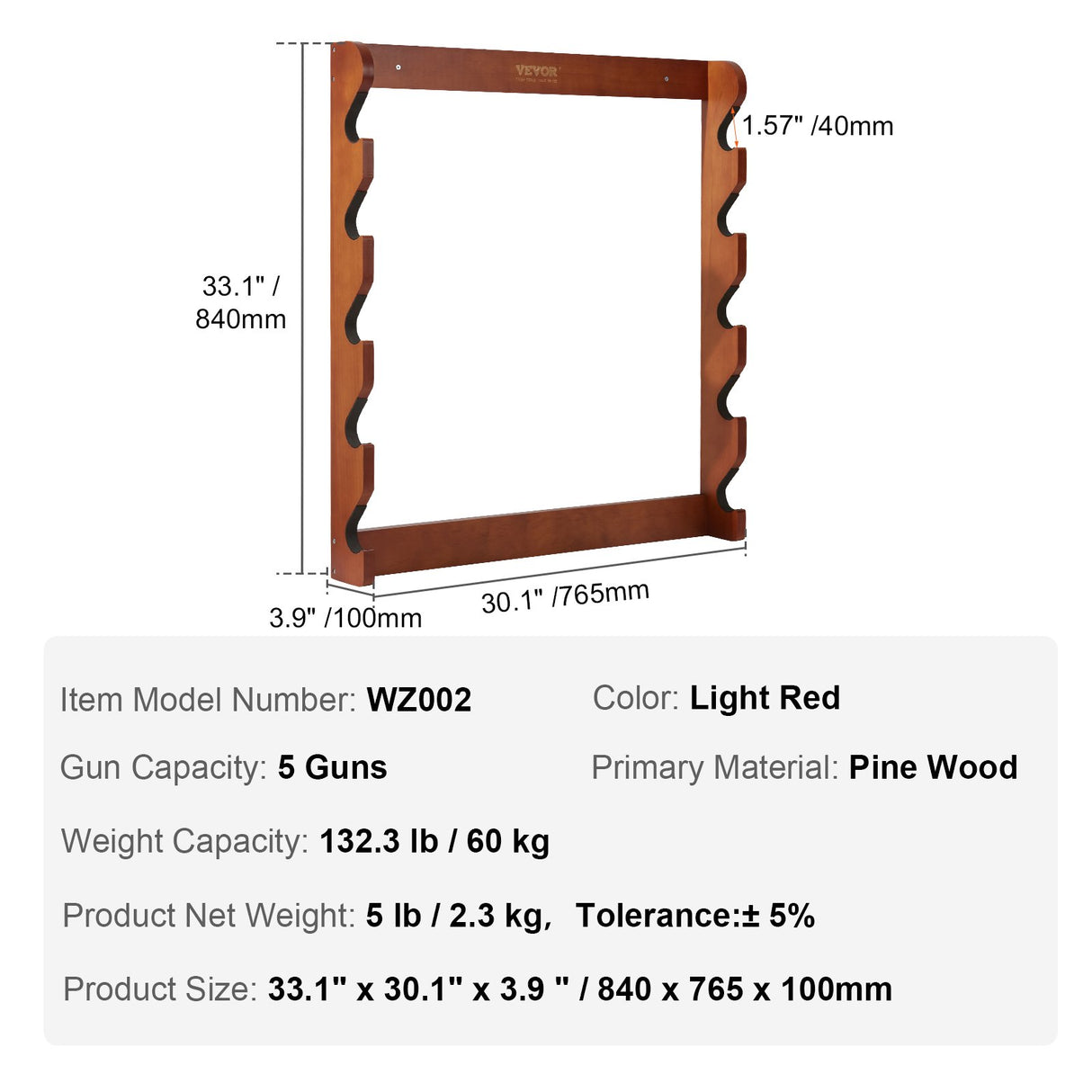 VEVOR Gun Rack, Wood Gun Rack Wall Mount, Gun Display Rack holds 5 Rifles, Shotguns, 132 lb Heavy Duty Wall Storage Display Rifle Rack with Soft
