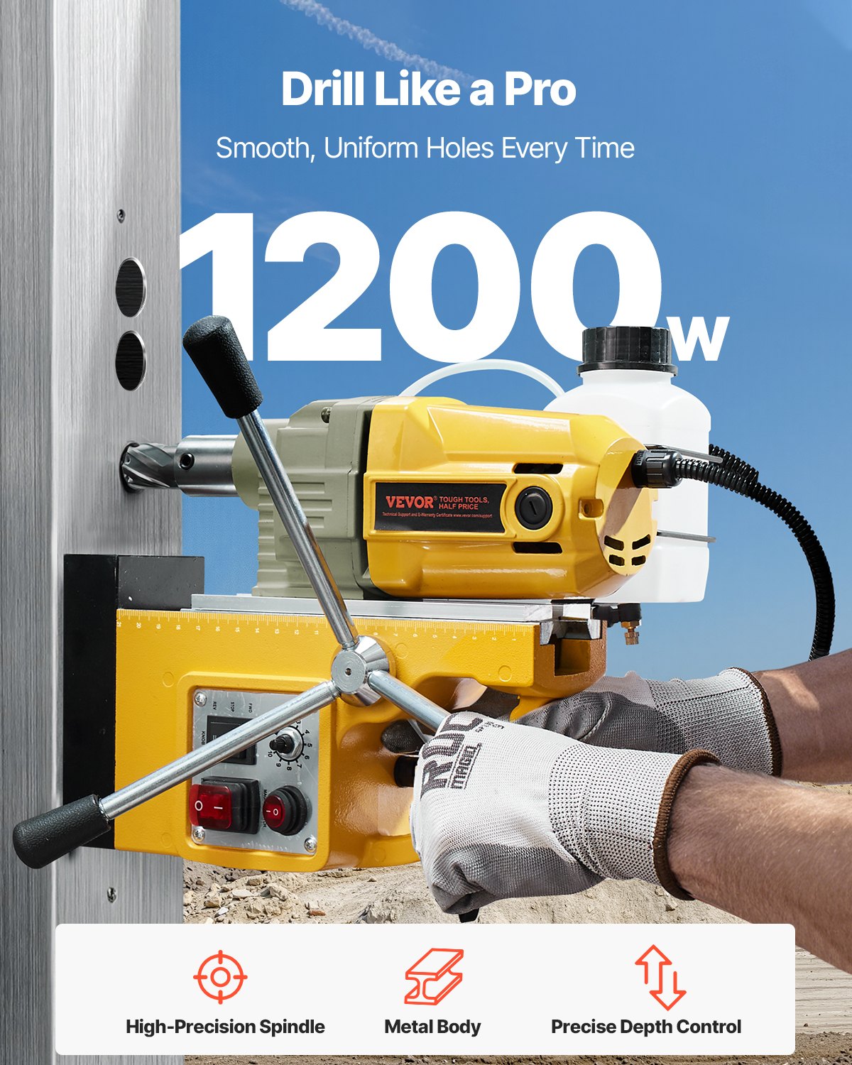 Magnetic Drill 1200W 2810 lbf Mag Drill Press 1.6 in Boring Diameter Yellow