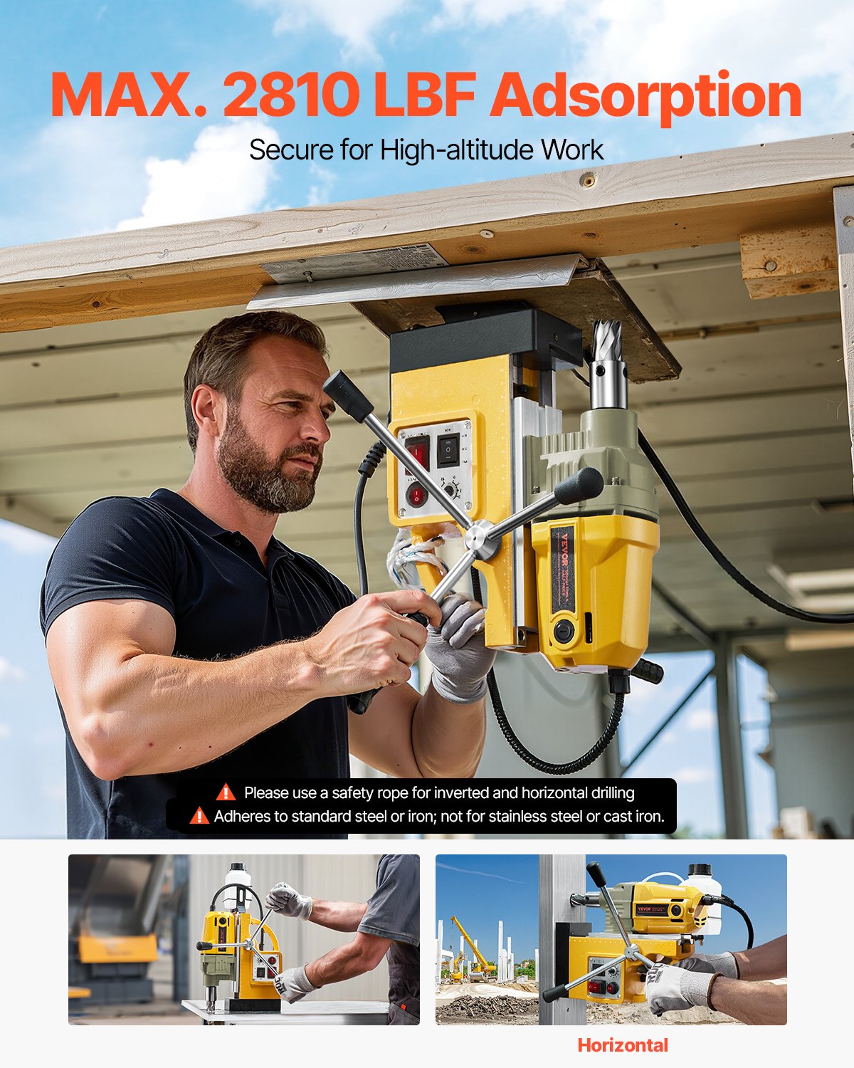 Magnetic Drill 1200W 2810 lbf Mag Drill Press 1.6 in Boring Diameter Yellow