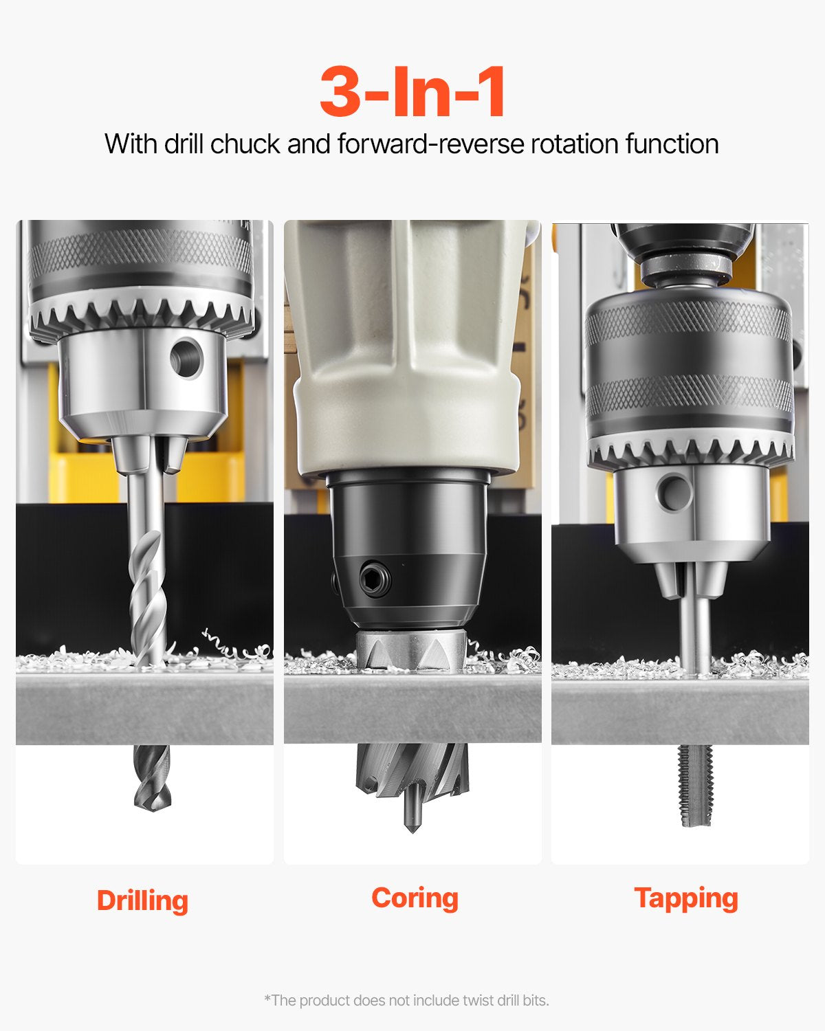Magnetic Drill 1400W 2878 lbf Mag Drill Press 2 in Boring Diameter 6 Bits Yellow