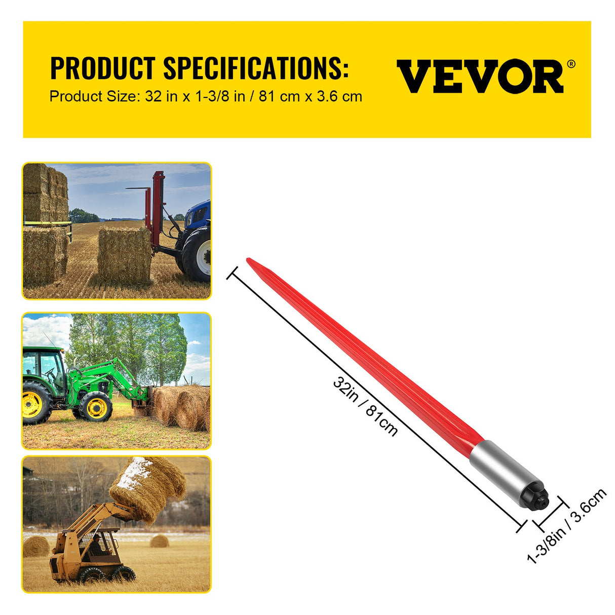 VEVOR Hay Spear 32" Bale Spear 1350 lbs Capacity, Bale Spike Quick Attach Square Hay Bale Spears 1.4" Wide, Red Coated Bale Forks, Bale Hay Spike with