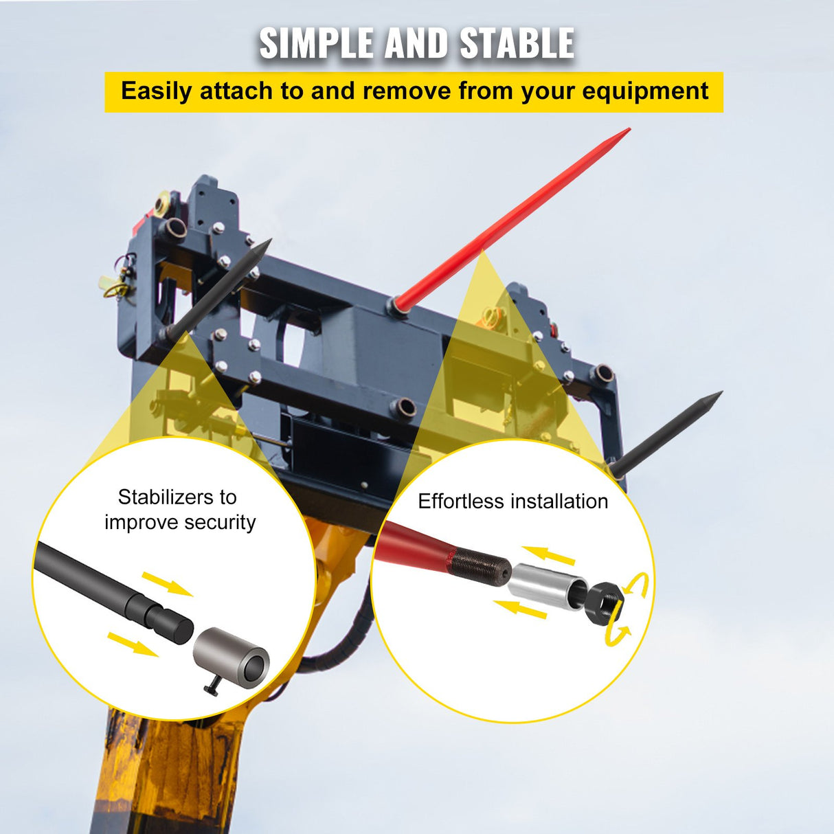VEVOR Hay Spear 49" Bale Spear 3000 lbs Capacity, Bale Spike Quick Attach Square Hay Bale Spears, Red Coated Bale Forks, Bale Hay Spike with 2