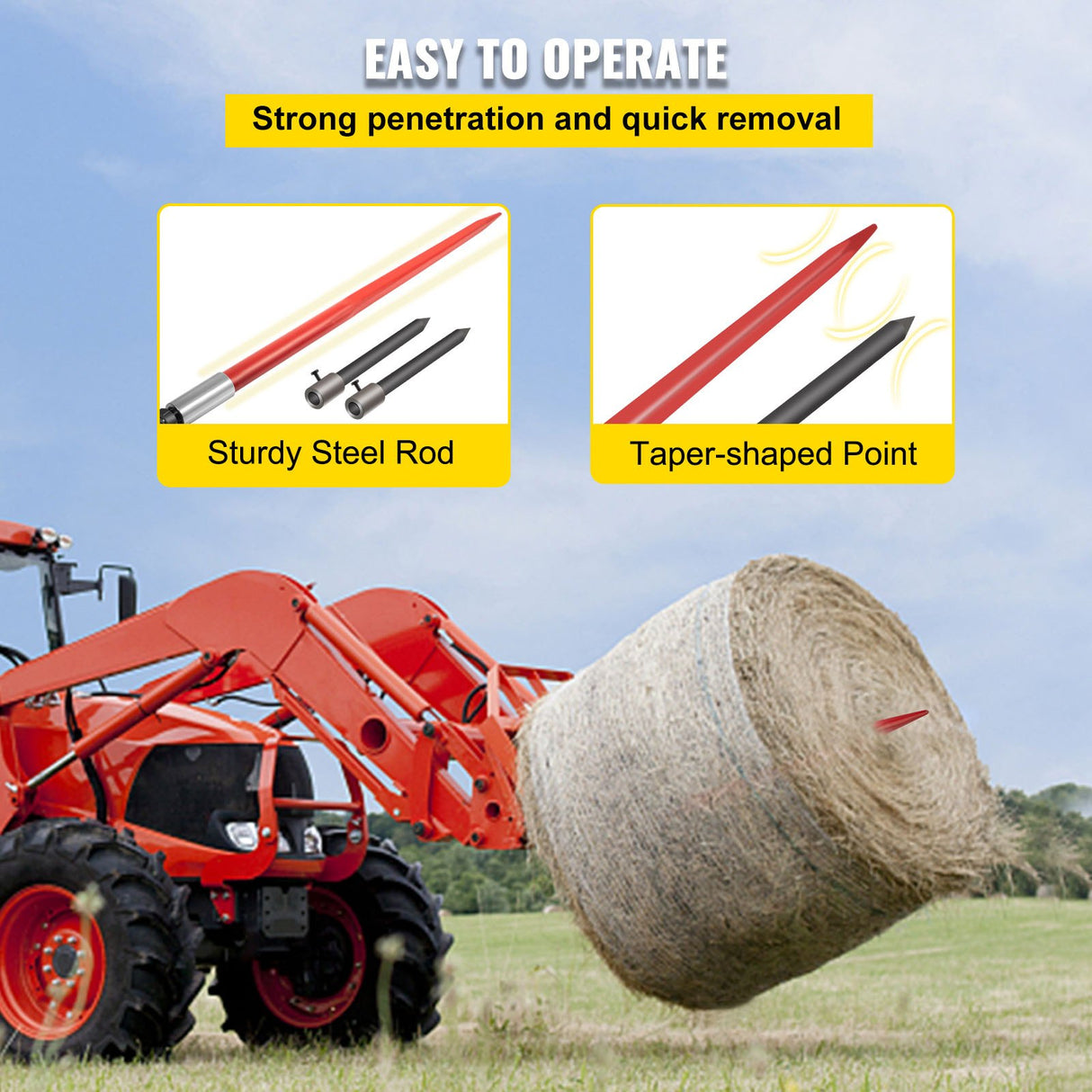 VEVOR Hay Spear 49" Bale Spear 3000 lbs Capacity, Bale Spike Quick Attach Square Hay Bale Spears, Red Coated Bale Forks, Bale Hay Spike with 2