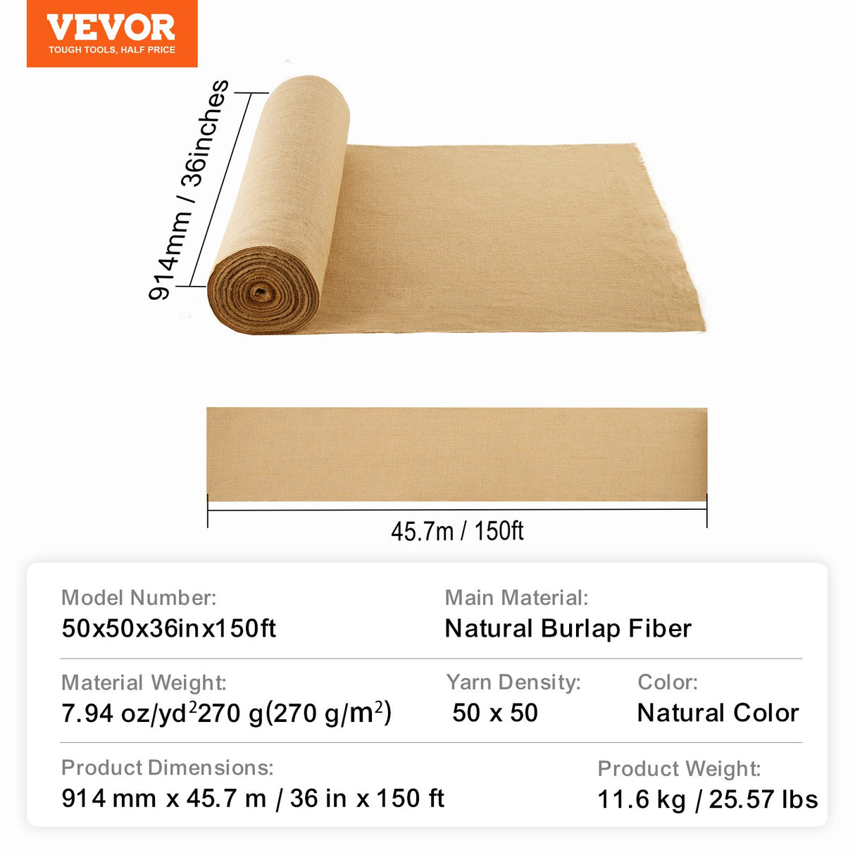 VEVOR Burlap Fabric Roll Burlap Tree Wrap 914 mm x 45.7 m for Crafts & Plants