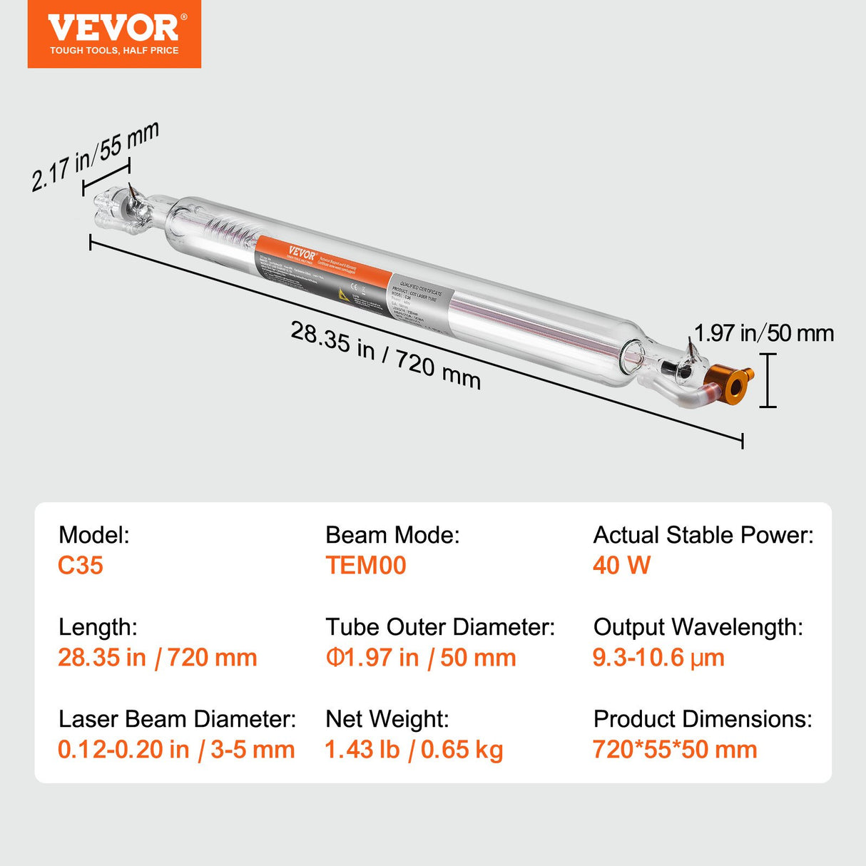 VEVOR Laser Tube, 40W CO2 Laser Tube for Laser Engraver and Cutter Machine, 720 mm Length, 50 mm Diameter, Glass Laser Cutting Tube with TEM00 Beam