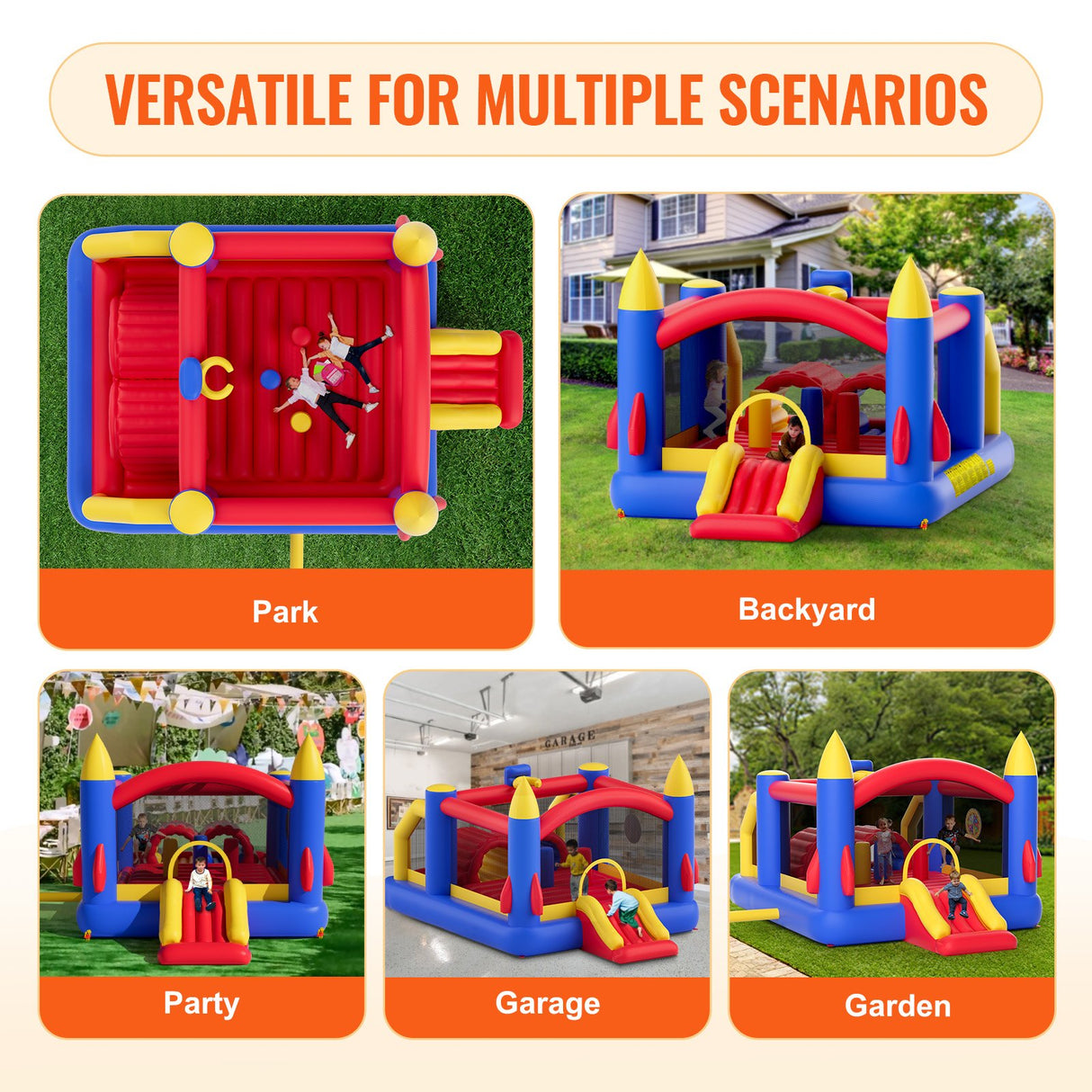 VEVOR Inflatable Bounce House, Outdoor High Quality Playhouse Trampoline, Jumping Bouncer with Blower, Slide, and Storage Bag, Family Backyard Bouncy