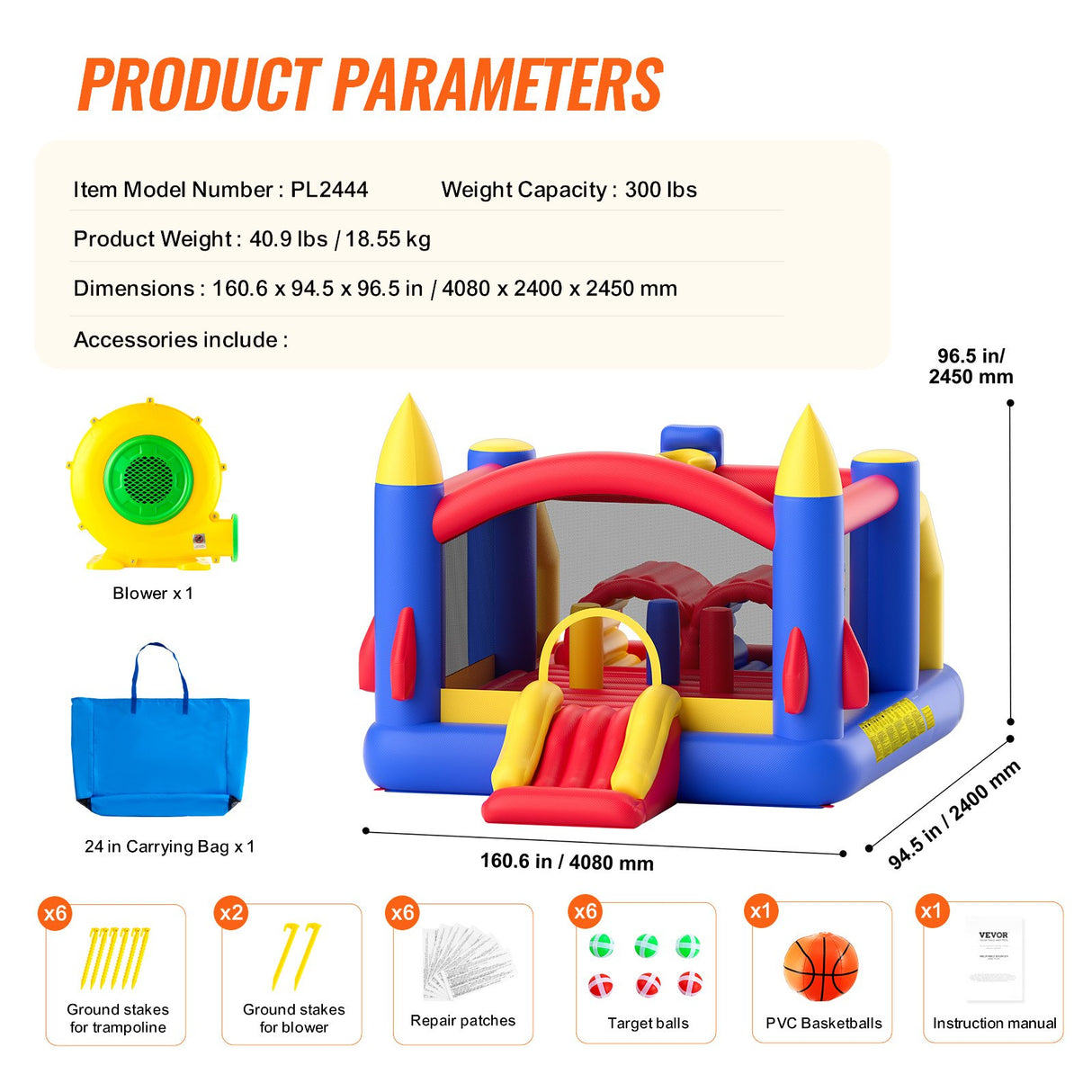 VEVOR Inflatable Bounce House, Outdoor High Quality Playhouse Trampoline, Jumping Bouncer with Blower, Slide, and Storage Bag, Family Backyard Bouncy