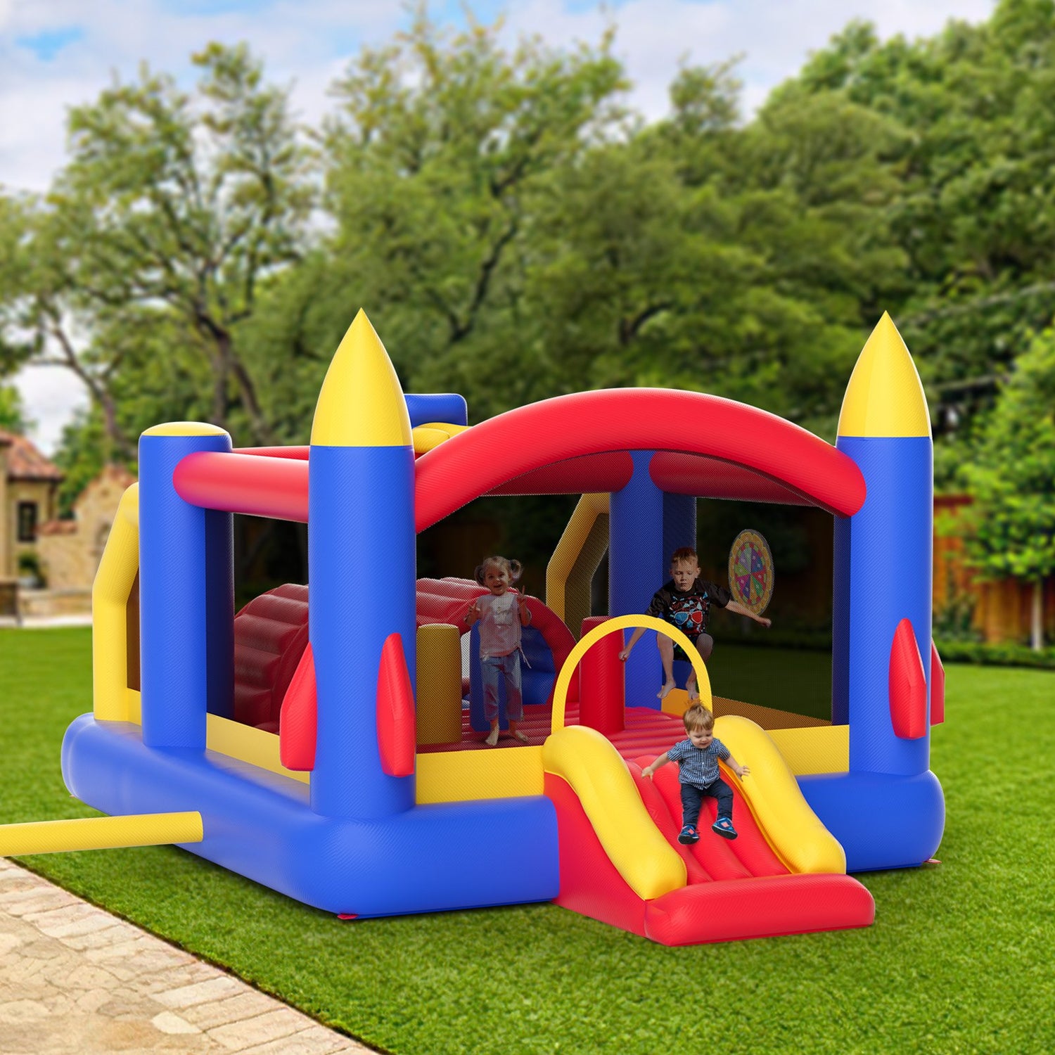 VEVOR Inflatable Bounce House, Outdoor High Quality Playhouse Trampoline, Jumping Bouncer with Blower, Slide, and Storage Bag, Family Backyard Bouncy Castle, for Kid Ages 3_8 Years, 4.0x2.4x2.4m