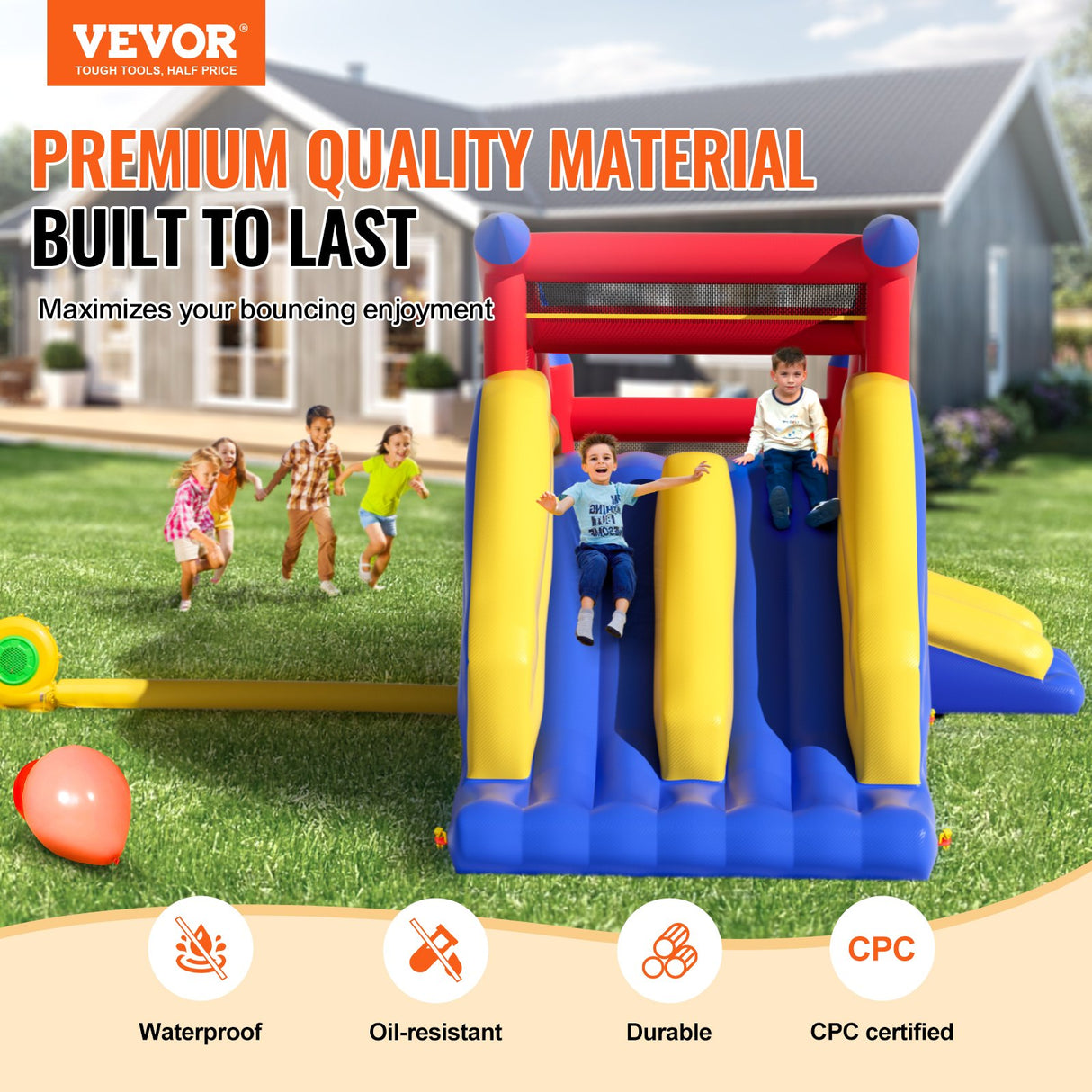 VEVOR Inflatable Bounce House, Outdoor High Quality Playhouse Trampoline, Jumping Bouncer with Blower, Slide, and Storage Bag, Family Backyard Bouncy