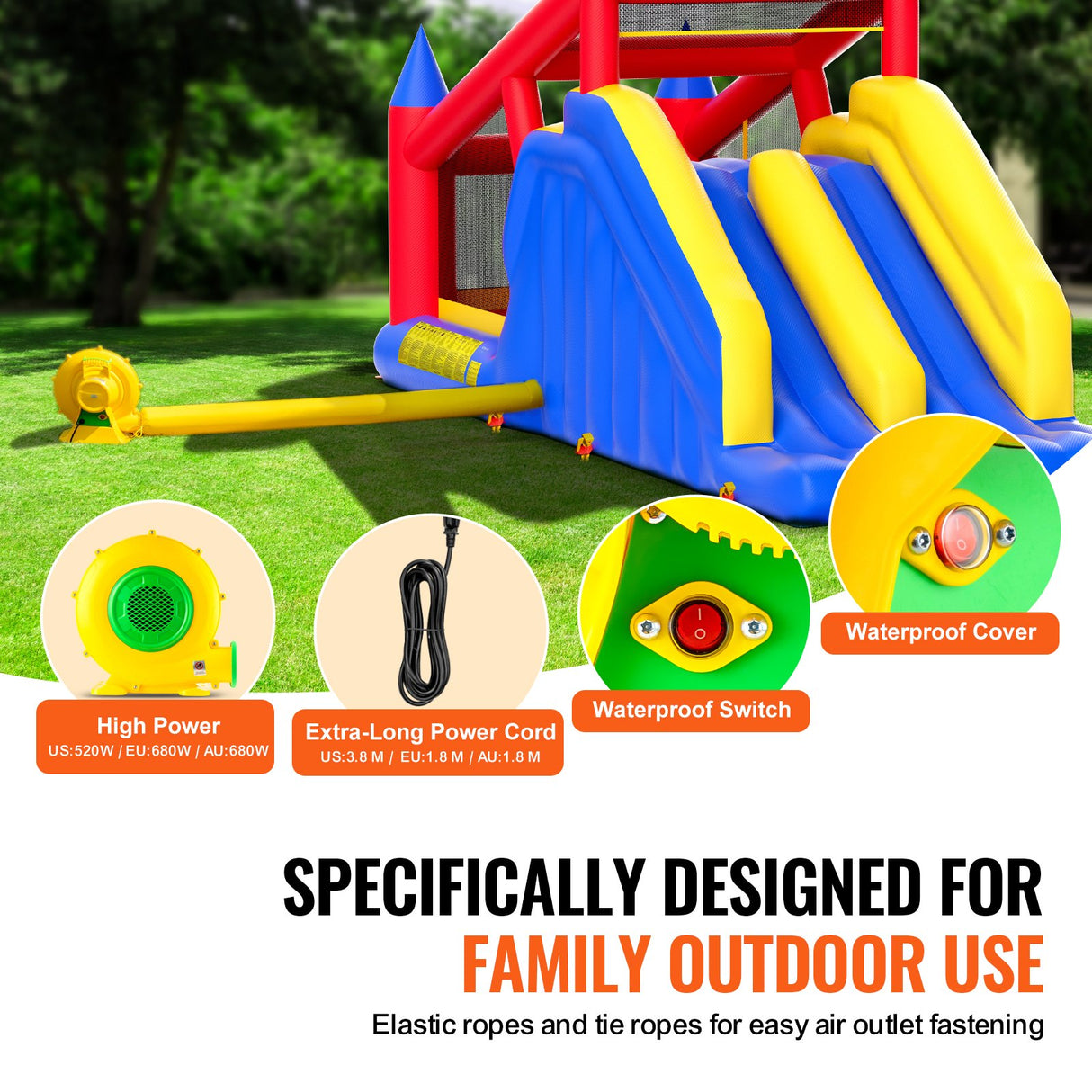 VEVOR Inflatable Bounce House, Outdoor High Quality Playhouse Trampoline, Jumping Bouncer with Blower, Slide, and Storage Bag, Family Backyard Bouncy