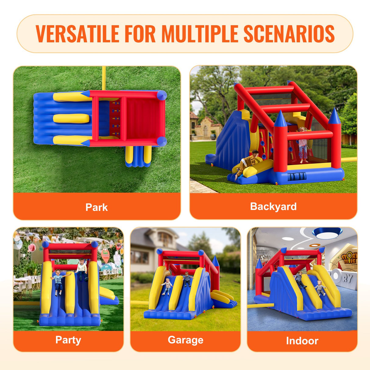 VEVOR Inflatable Bounce House, Outdoor High Quality Playhouse Trampoline, Jumping Bouncer with Blower, Slide, and Storage Bag, Family Backyard Bouncy