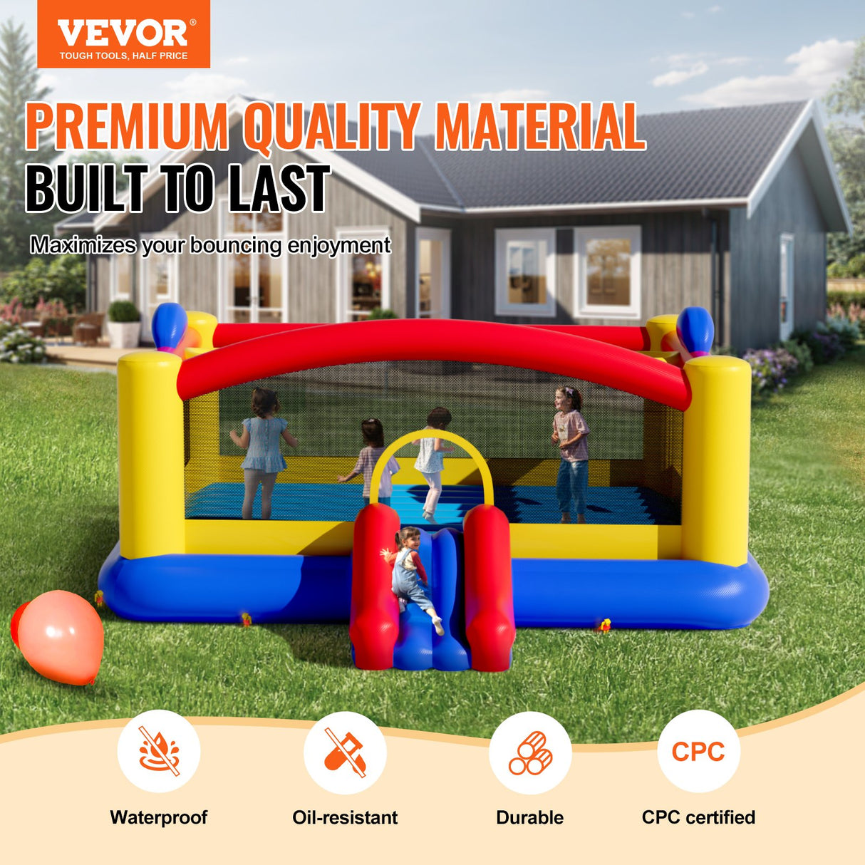 VEVOR Inflatable Bounce House, Outdoor High Quality Playhouse Trampoline, Jumping Bouncer with Blower, Slide, and Storage Bag, Family Backyard Bouncy