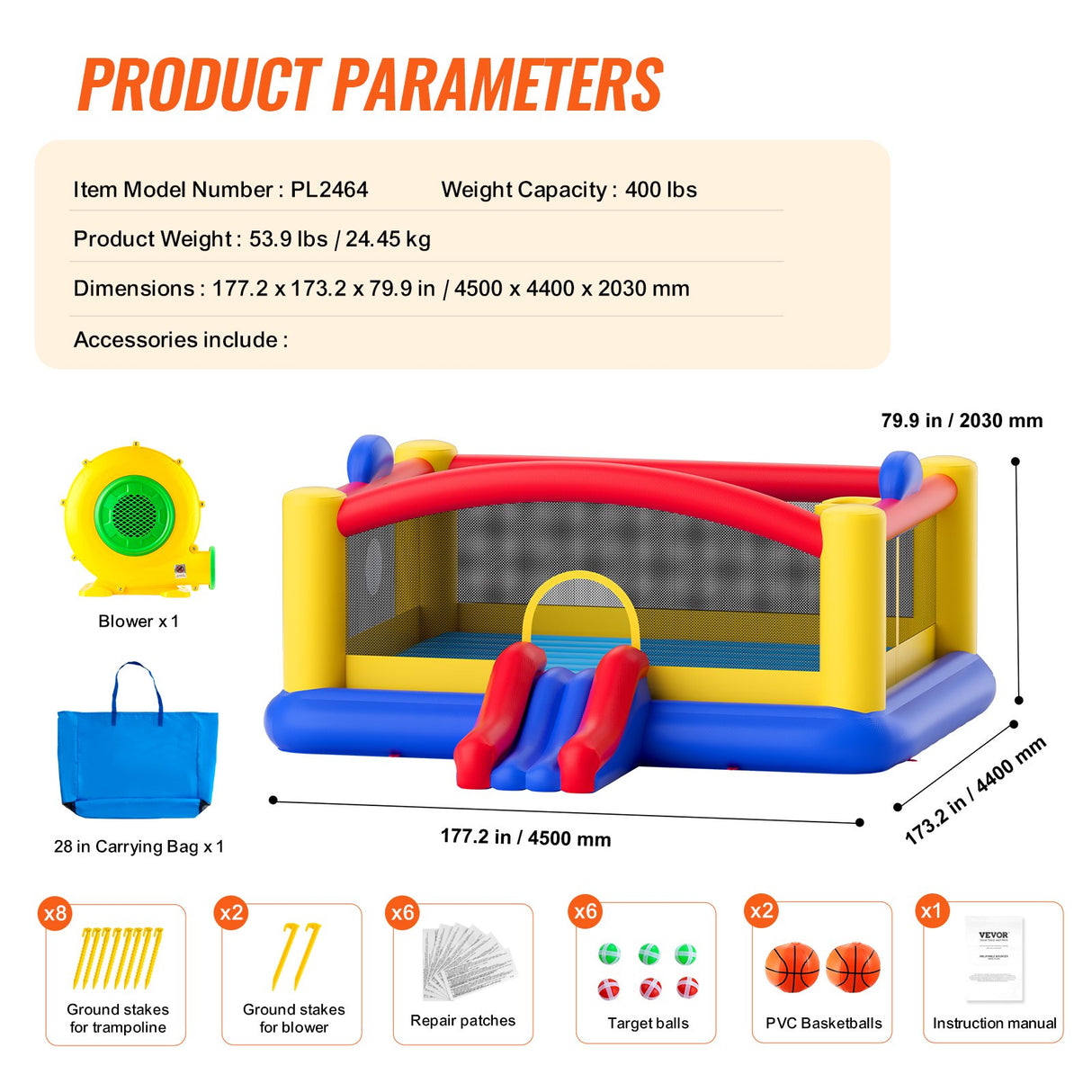 VEVOR Inflatable Bounce House, Outdoor High Quality Playhouse Trampoline, Jumping Bouncer with Blower, Slide, and Storage Bag, Family Backyard Bouncy