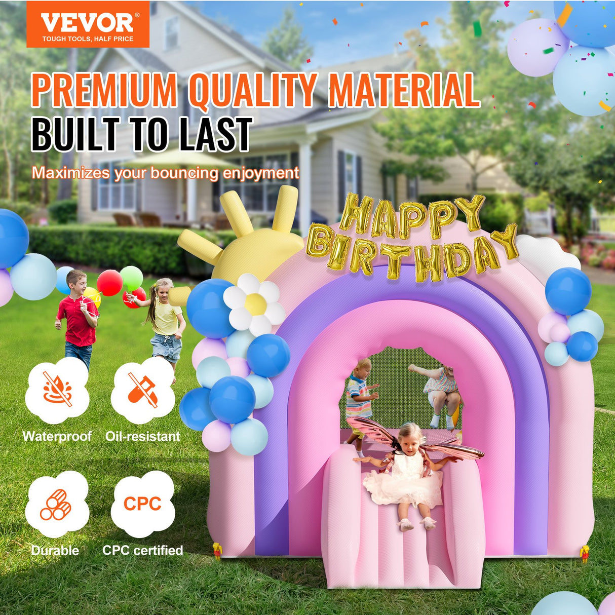 VEVOR Inflatable Bounce House, Indoor Outdoor Playhouse Trampoline, Kid Jumping Bouncer with Blower, Slide, Storage Bag, Family Backyard Bouncy Castle, for Girls Boys Ages 3_8 Years, 2.8x2.3x2.3m