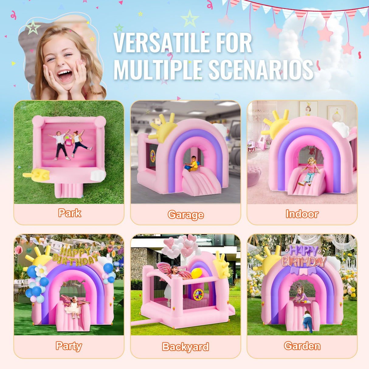 VEVOR Inflatable Bounce House, Indoor Outdoor Playhouse Trampoline, Kid Jumping Bouncer with Blower, Slide, Storage Bag, Family Backyard Bouncy Castle