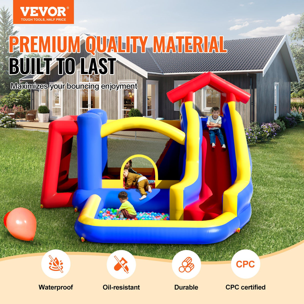 VEVOR Inflatable Bounce House, Outdoor High Quality Playhouse Trampoline, Jumping Bouncer with Blower, Slide, and Storage Bag, Family Backyard Bouncy
