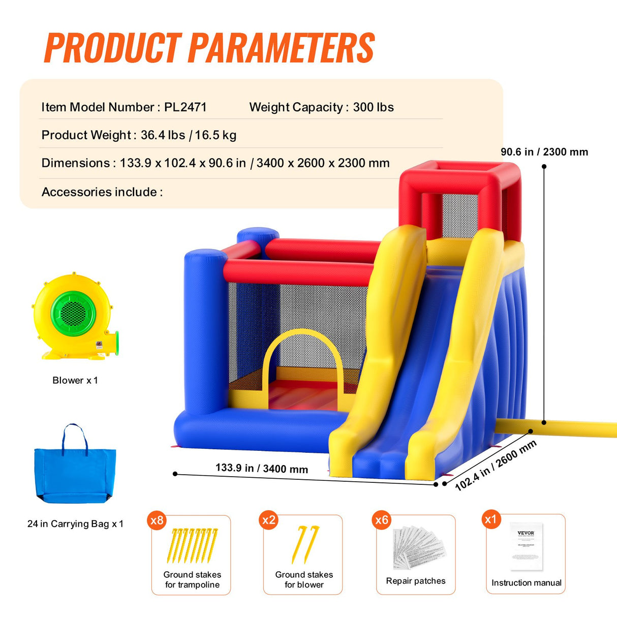 VEVOR Inflatable Bounce House, Outdoor High Quality Playhouse Trampoline, Jumping Bouncer with Blower, Slide, and Storage Bag, Family Backyard Bouncy Castle, for Kid Ages 3_8 Years, 3.4x2.6x2.3m