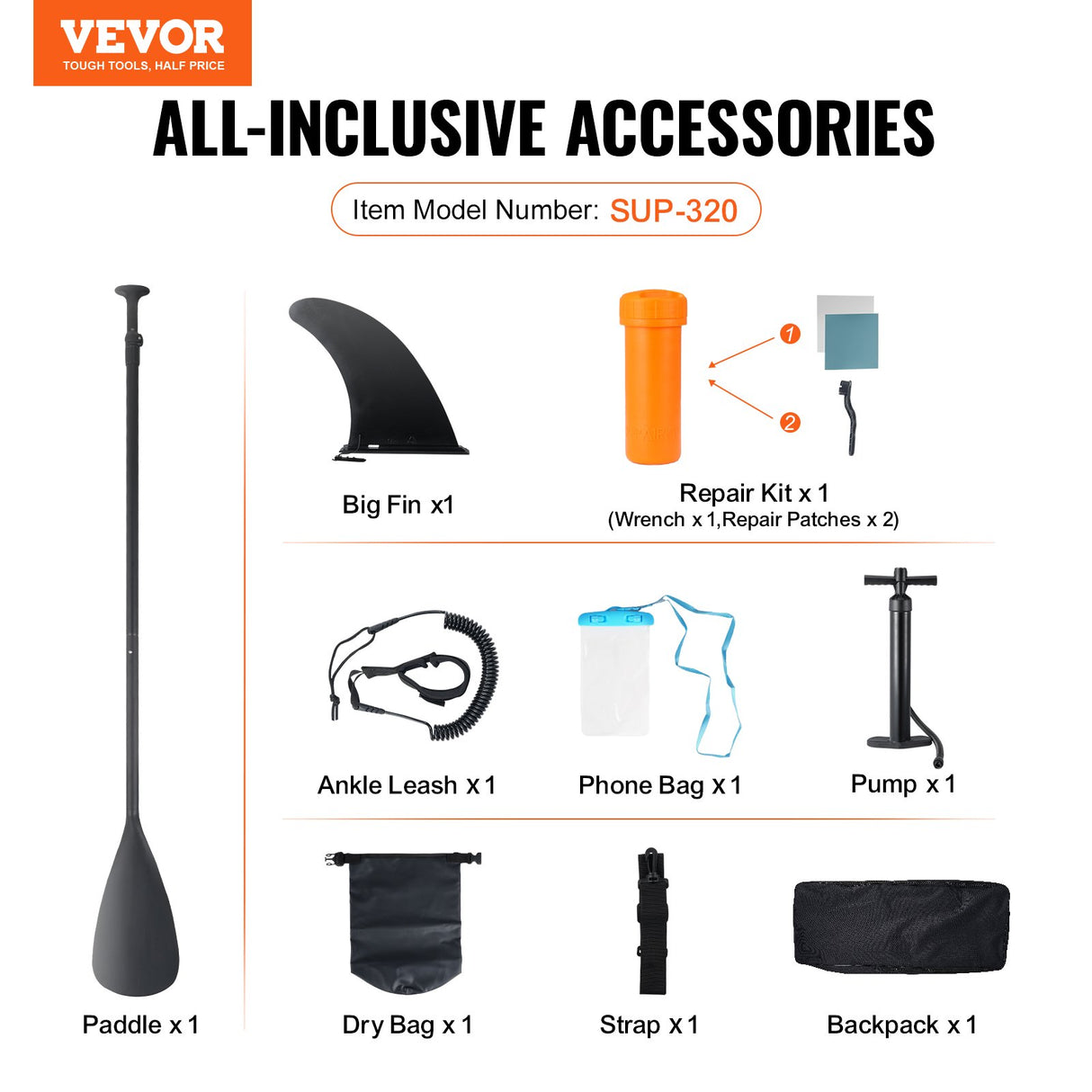 VEVOR Inflatable Stand Up Paddle Board, 3230 x 838 x 152 mm SUP Paddleboard, with Board Accessories, Pump, Paddle, Fin, Phone Bag, Backpack, Ankle