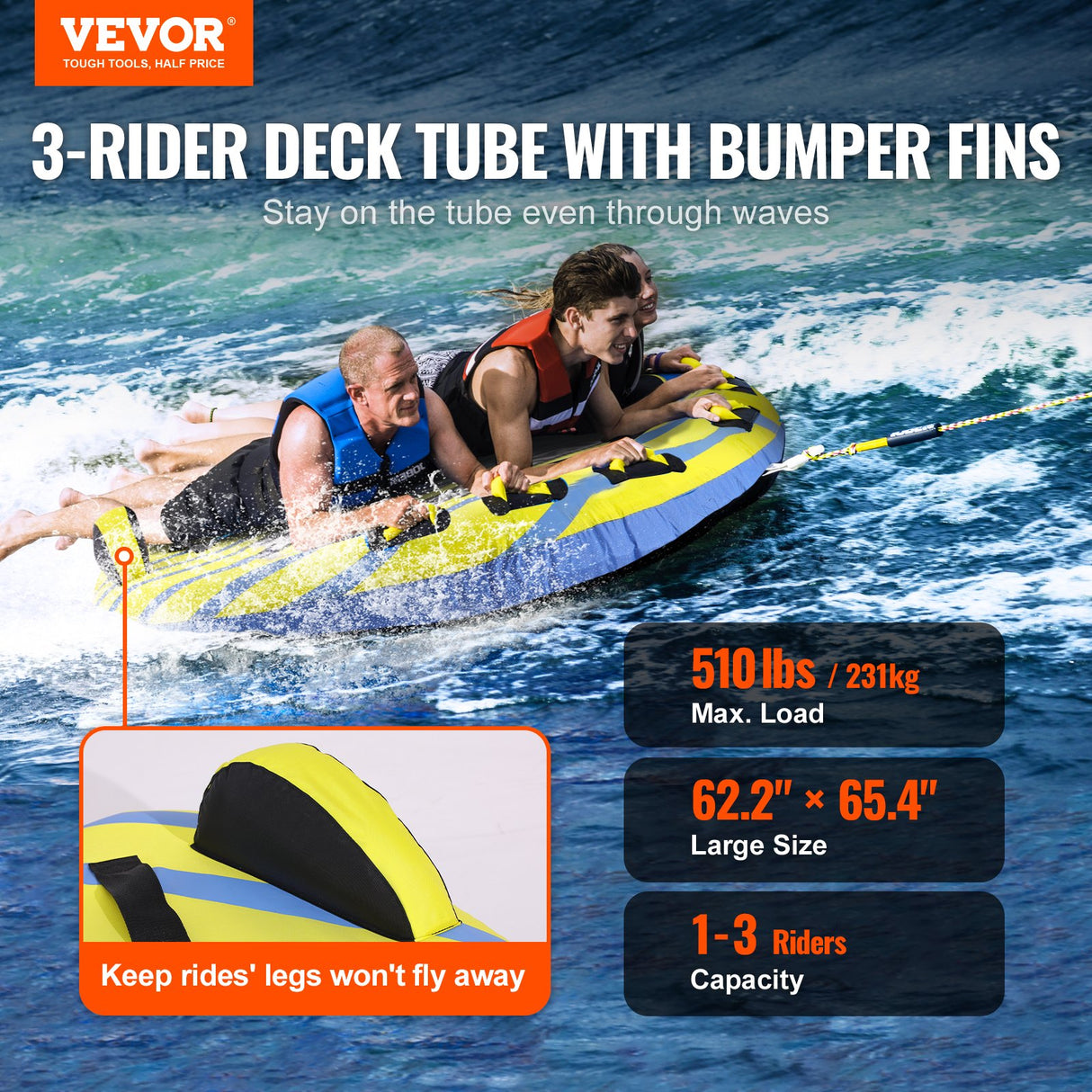Towable Tube for Boating, 1-3 Riders Inflatable Towable Tube with Bumper Fins, 510 lbs Water Sport Towable Tubes for Boats to Pull, Full Nylon Cover, EVA Grab Handles and Speed Safety Valve